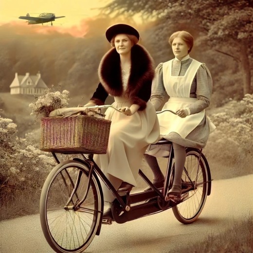 DALL·E 2024-11-08 00.00.15 - Queen Wilhelmina of the Netherlands riding a vintage tandem bicycle with her nurse in the early 1900s. Queen Wilhelmina, appearing 20 years older with.jpeg